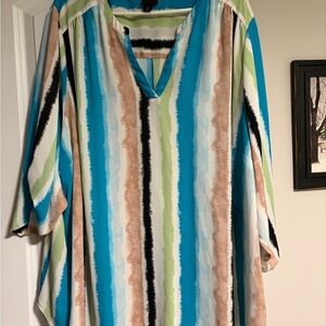 Worthington Striped V-Neck Tunic in Teal, Aqua, Black & Tan